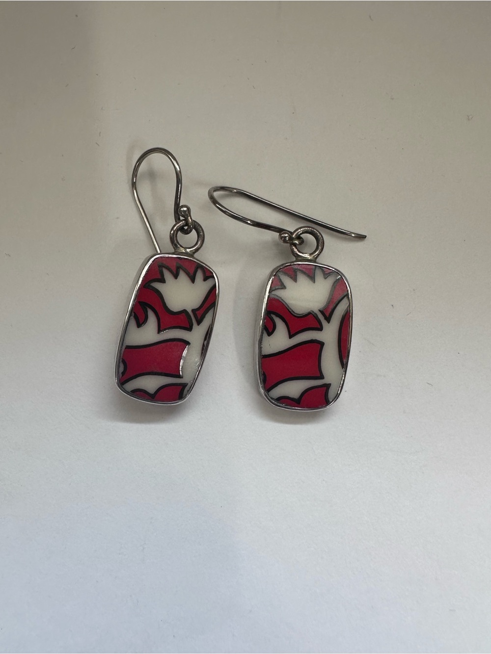 China Baroque Sterling Silver 925 Broken China Red Floral Dangle Earrings